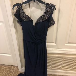 navy blue off the shoulder prom dress